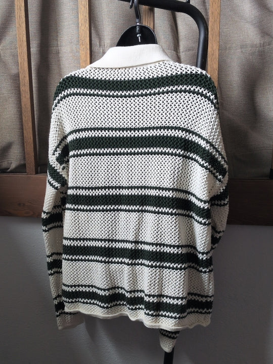 Madewell Open-Stitch Johnny Collar Sweater in Summit Green Stripe - L