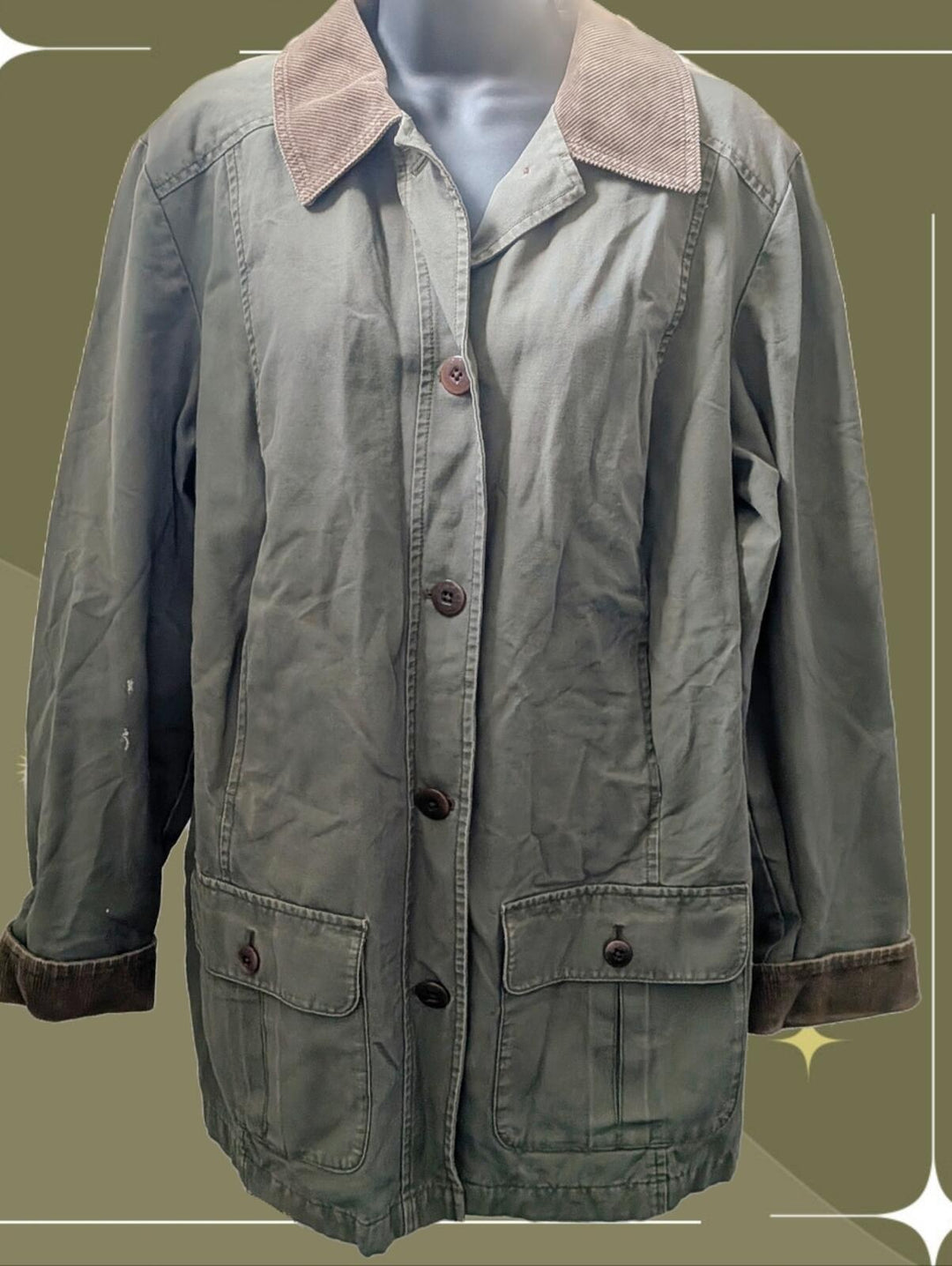 LL Bean Tiktok Viral Olive Green And Brown Corduroy Chore Barn Coat - Medium