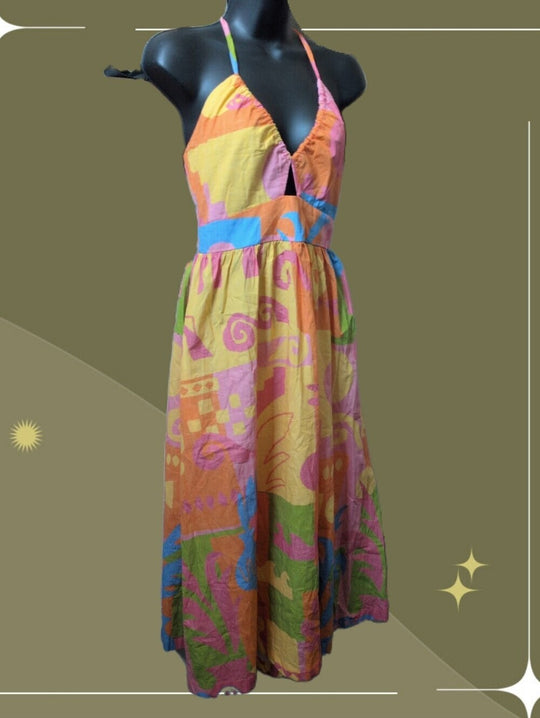 Paradisa Maldives Orange Multi Cotton Abstract Print Midi Dress size s