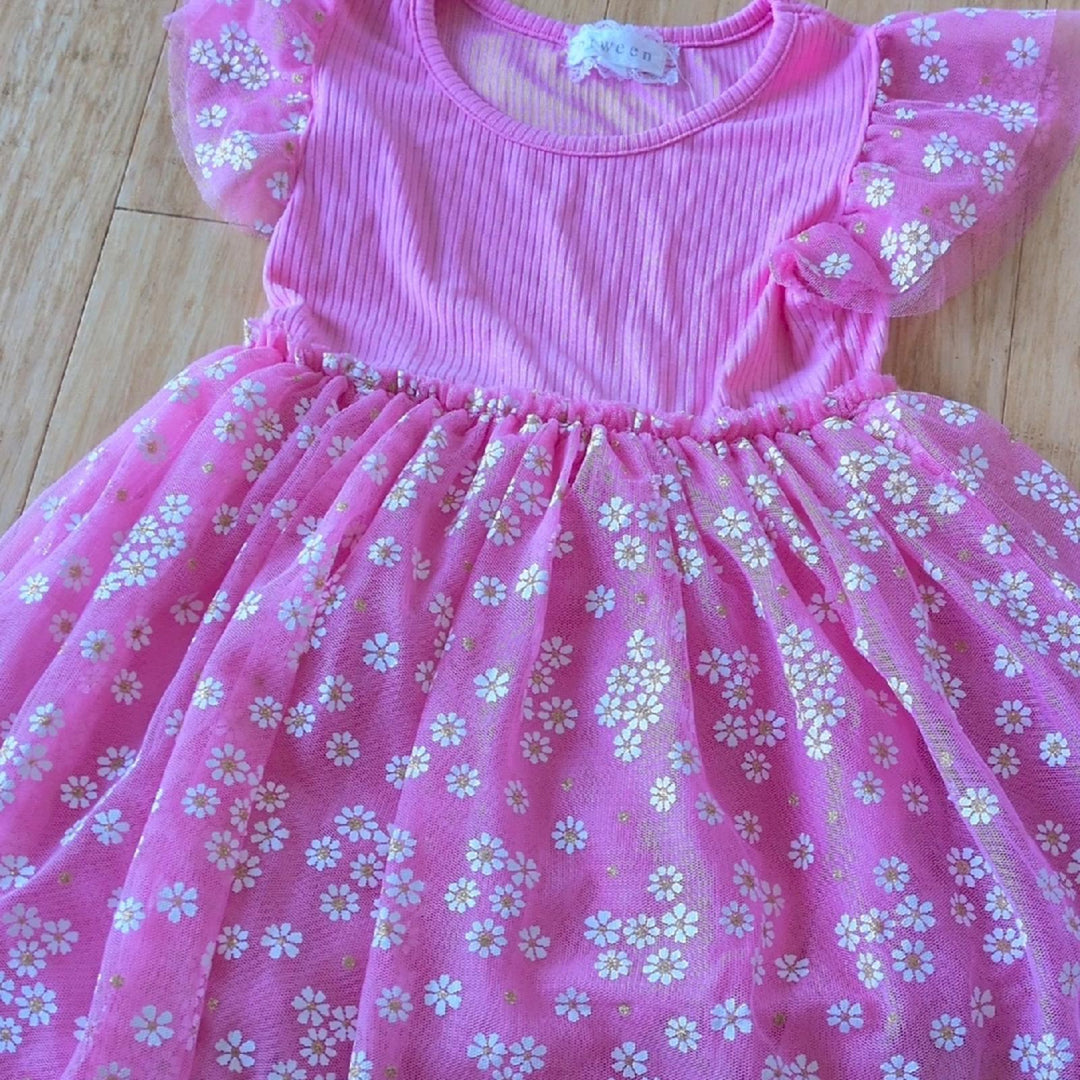 Girls Btween Pink Tulle Floral Dress - 5