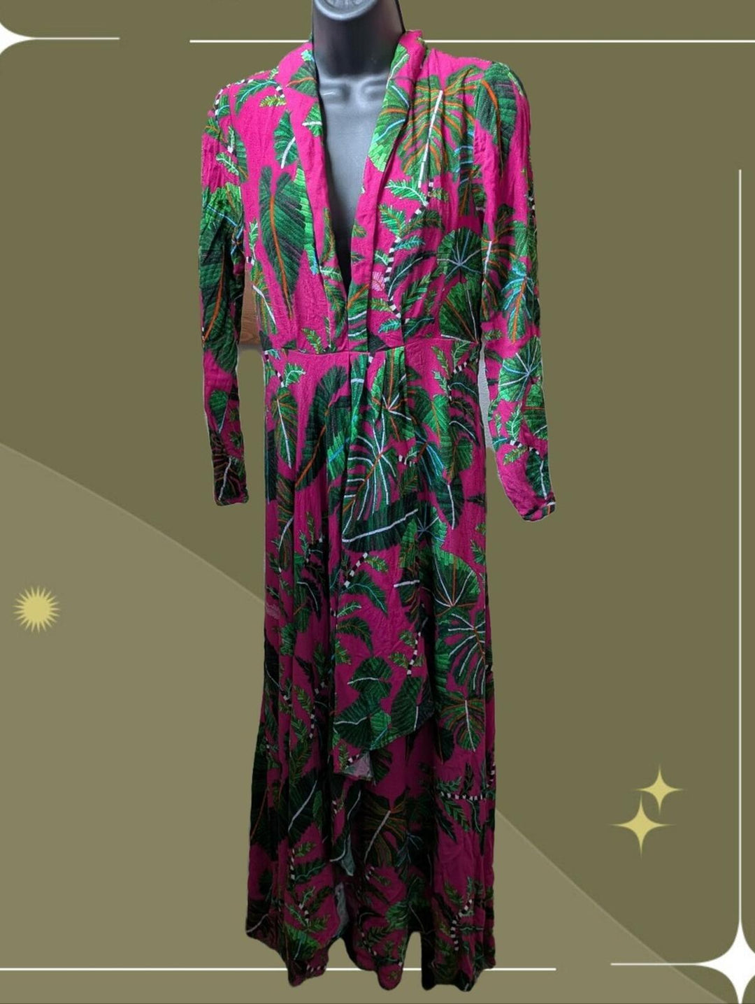 Farm Rio Pink Leaves Print Faux Wrap Maxi Dress - Small