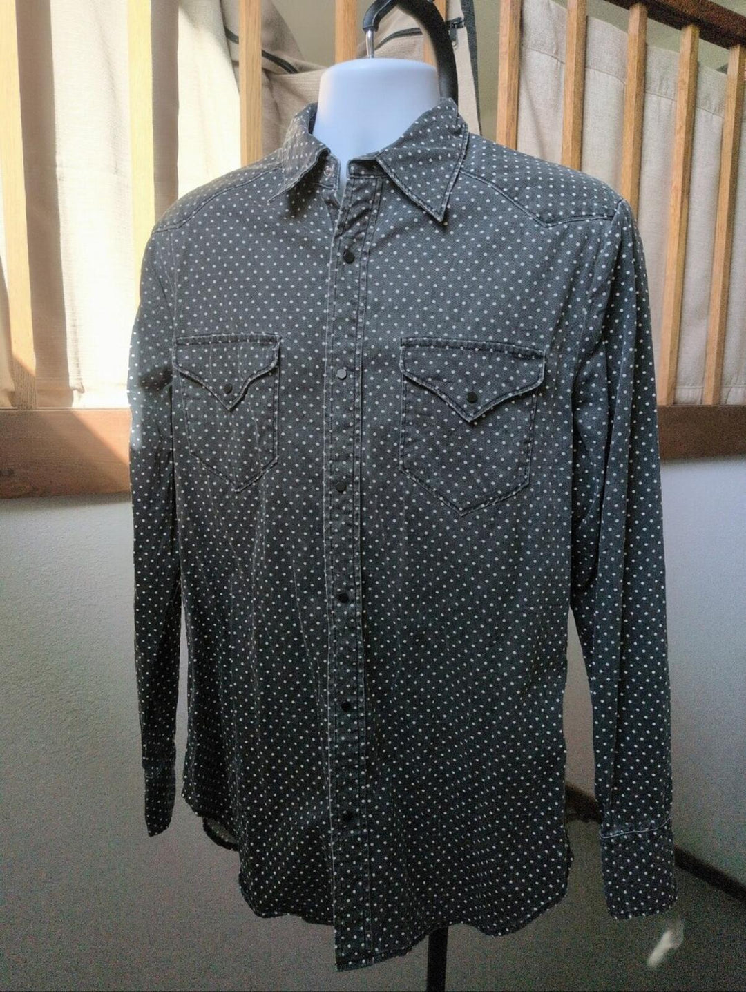 Man X One Teaspoon Men's Gray And White Dot Denim Snap Down Western Shirt -  M