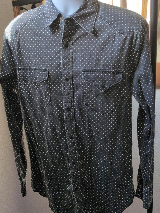 Man X One Teaspoon Men's Gray And White Dot Denim Snap Down Western Shirt -  M