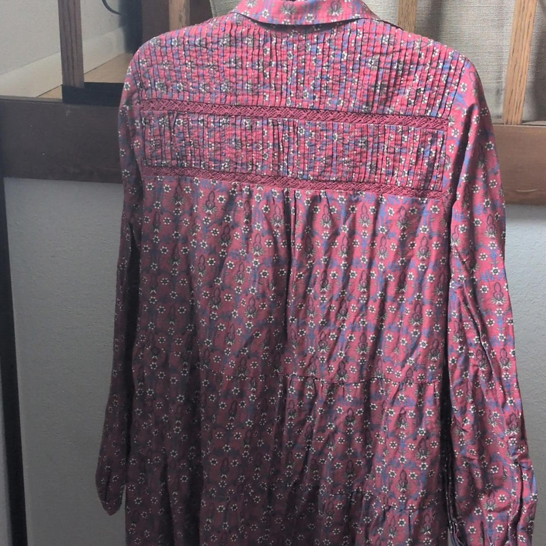Anthropologie Diyana Tiered Tunic Dress In Burgundy Floral  - Large