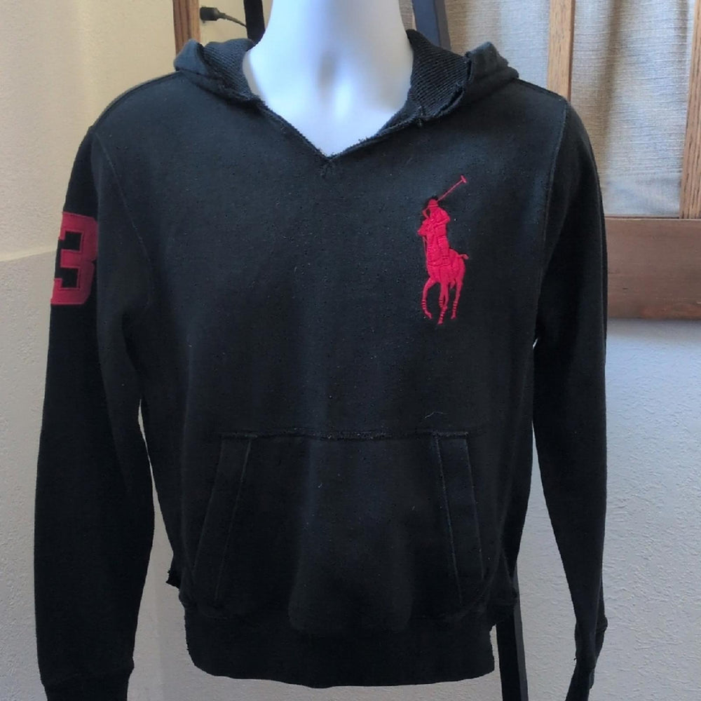 Men's**Distressed** Polo Ralph Lauren Vintage Big Pony Black Hoodie  - Small