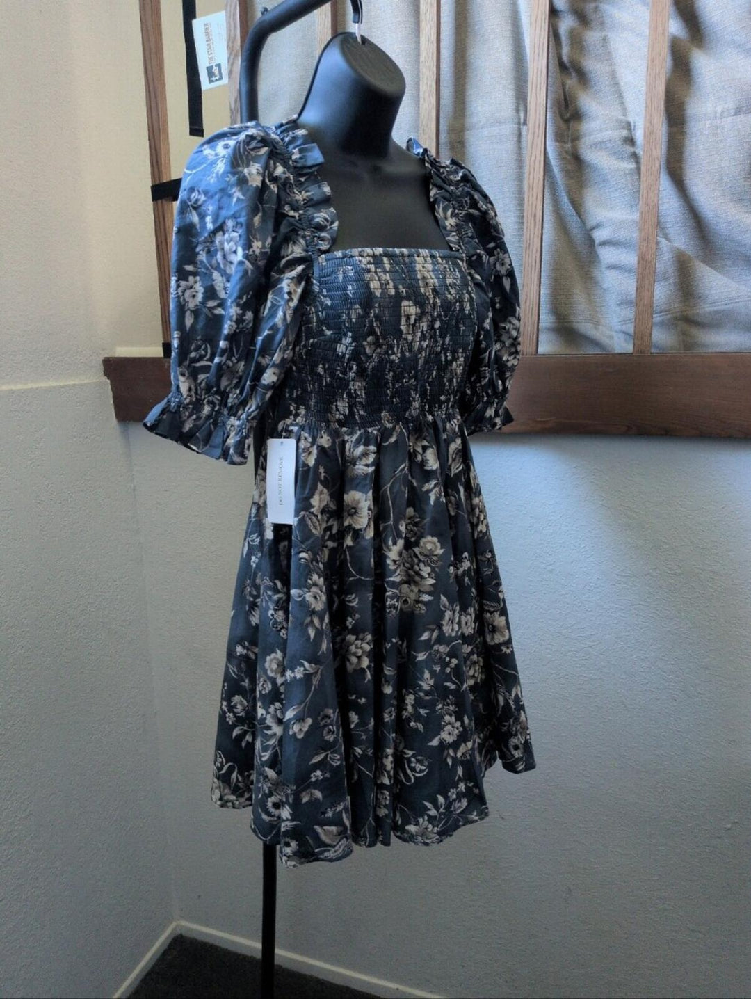 Selkie Blue Floral Cotton Puff Sleeve Mini Dress - L