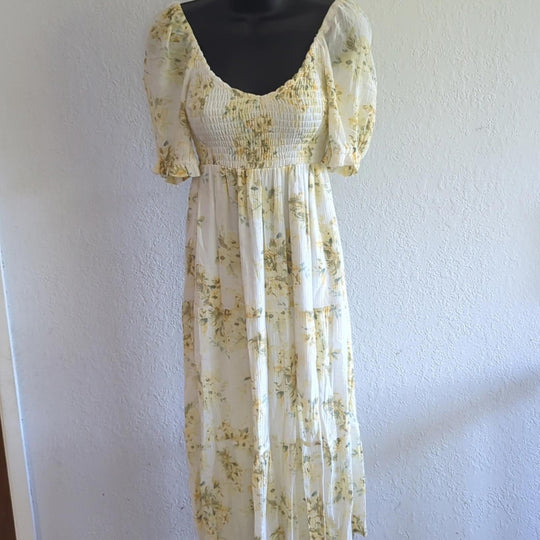 Abercrombie ruched midi dress yellow floral - Large