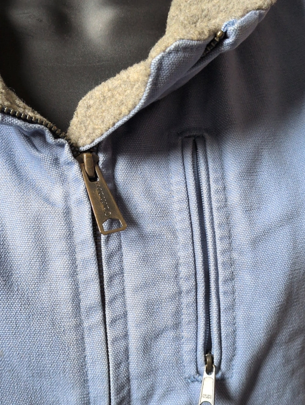 Light blue vintage Carhartt women's sandstone/duck canvas sherpa-lined Vest  - Small