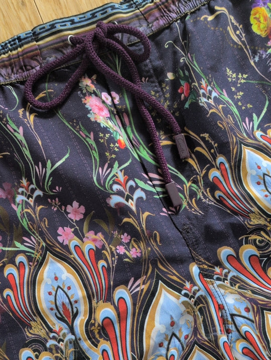 Camilla Purple Paisley Flamenco Style Men's Board Short  - Large