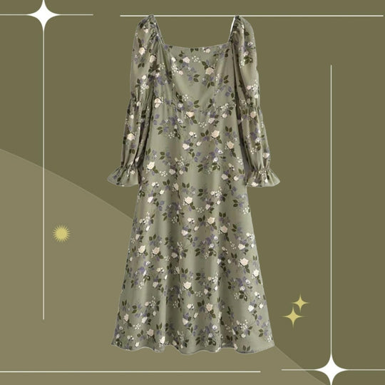 Rihoas green square neck long sleeve puff sleeve dress - Small
