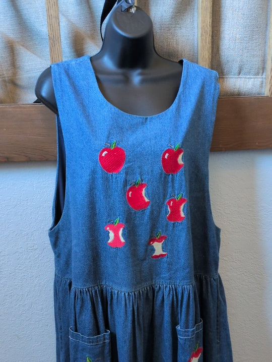 Vintage Casey Coleman apple-embroidered denim jumper dress -Large