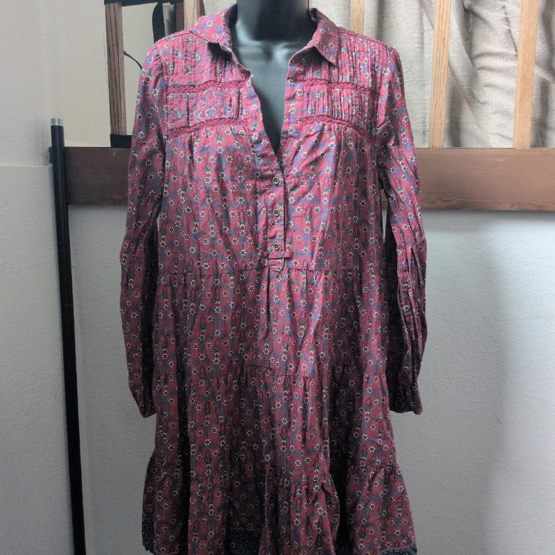 Anthropologie Diyana Tiered Tunic Dress In Burgundy Floral  - Large