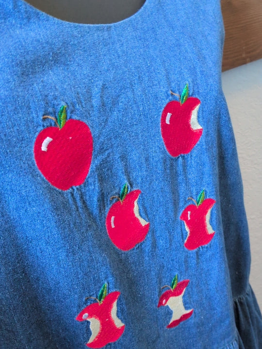 Vintage Casey Coleman apple-embroidered denim jumper dress -Large