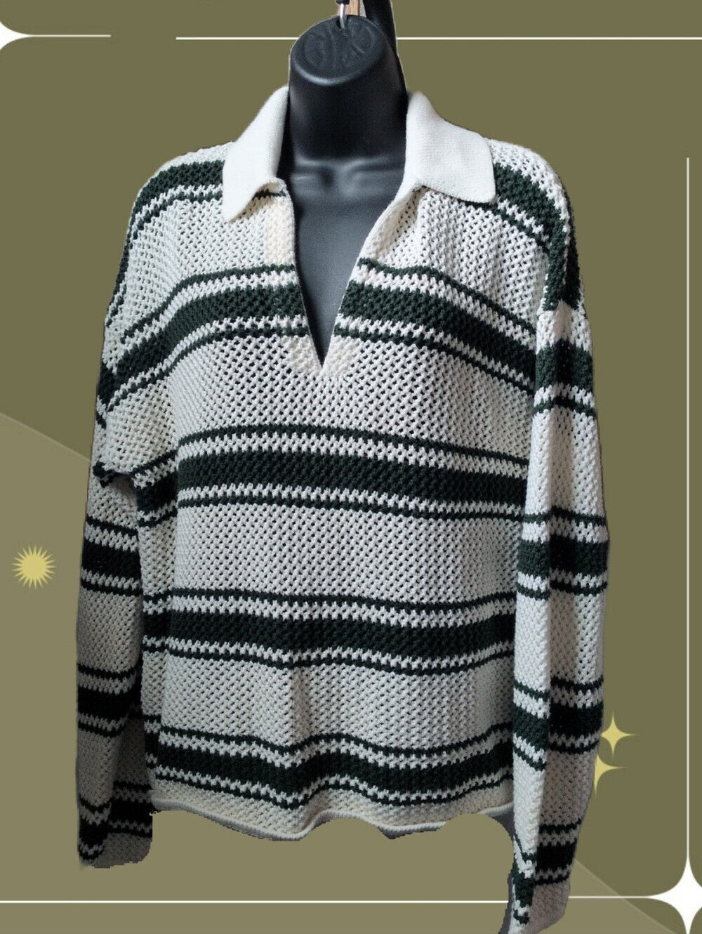 Madewell Open-Stitch Johnny Collar Sweater in Summit Green Stripe - L