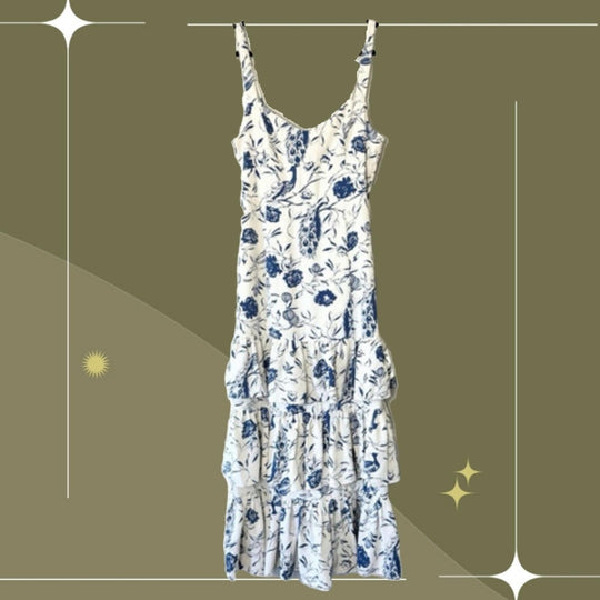 Abercrombie Tiered Ruffle Drama Maxi Dress In Blue Peacock Floral - Medium