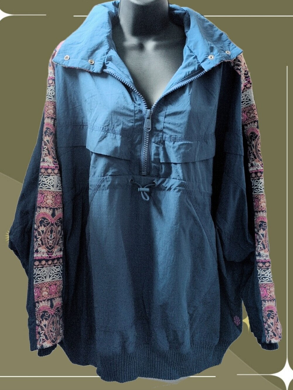 Free People Movement She Fly Blue Embroidered Oversized Windbreaker - Small