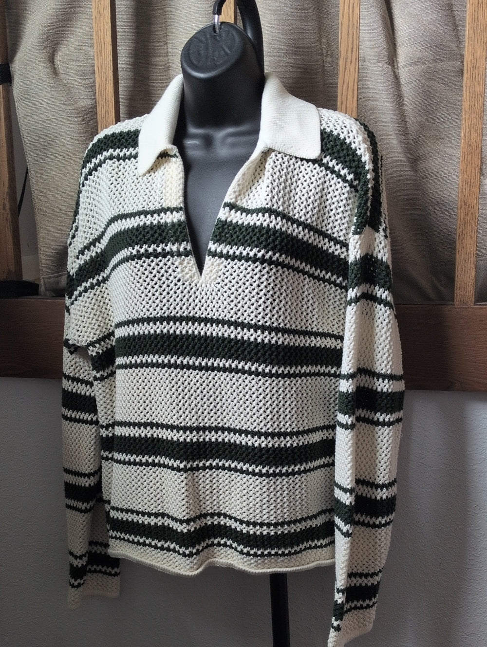 Madewell Open-Stitch Johnny Collar Sweater in Summit Green Stripe - L