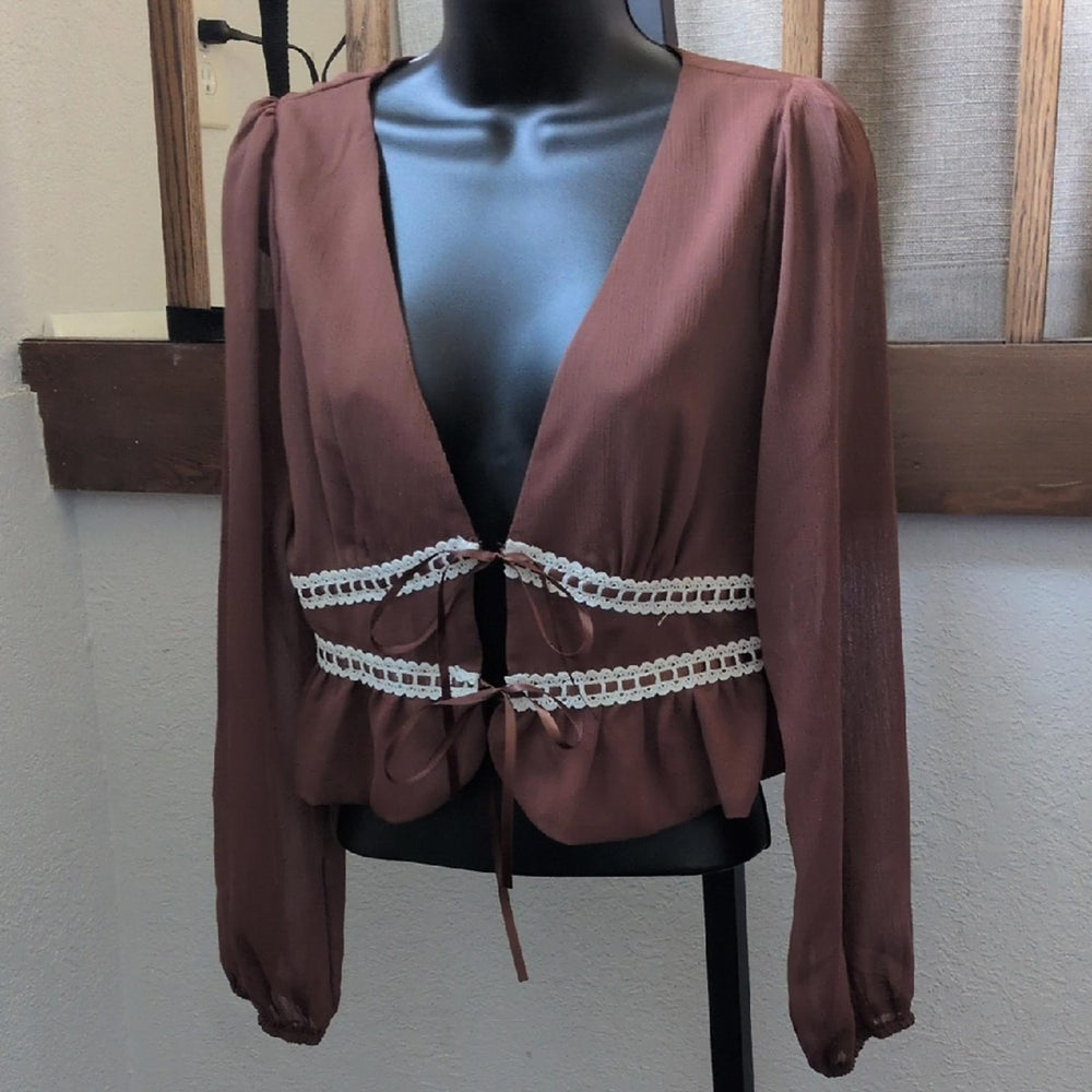 BaeVely Sheer Sleeve Tie Top - Small