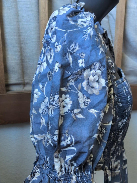 Selkie Blue Floral Cotton Puff Sleeve Mini Dress - L